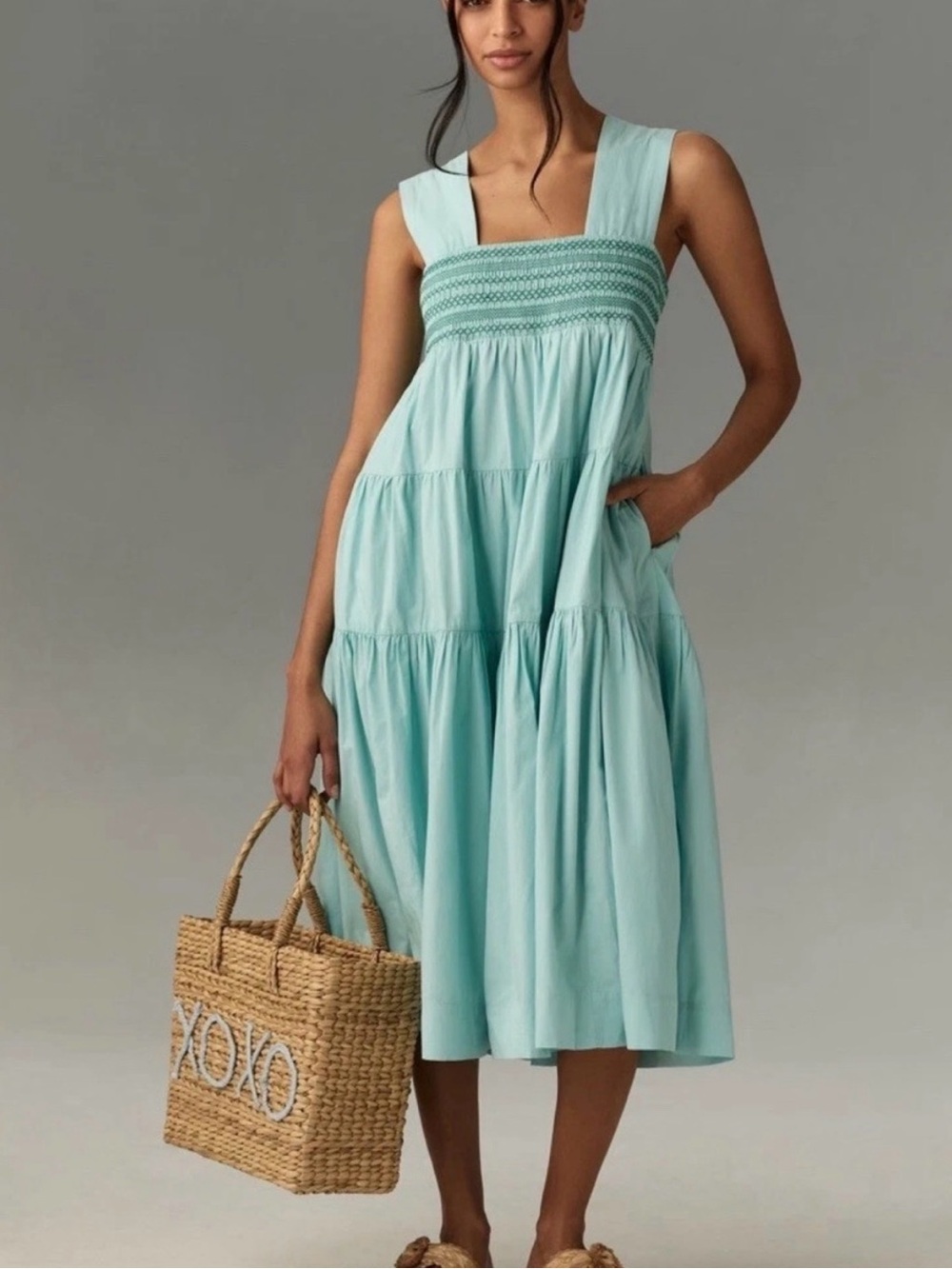 Anthropologie XL Helena Square Neck Tiered Midi Dress
